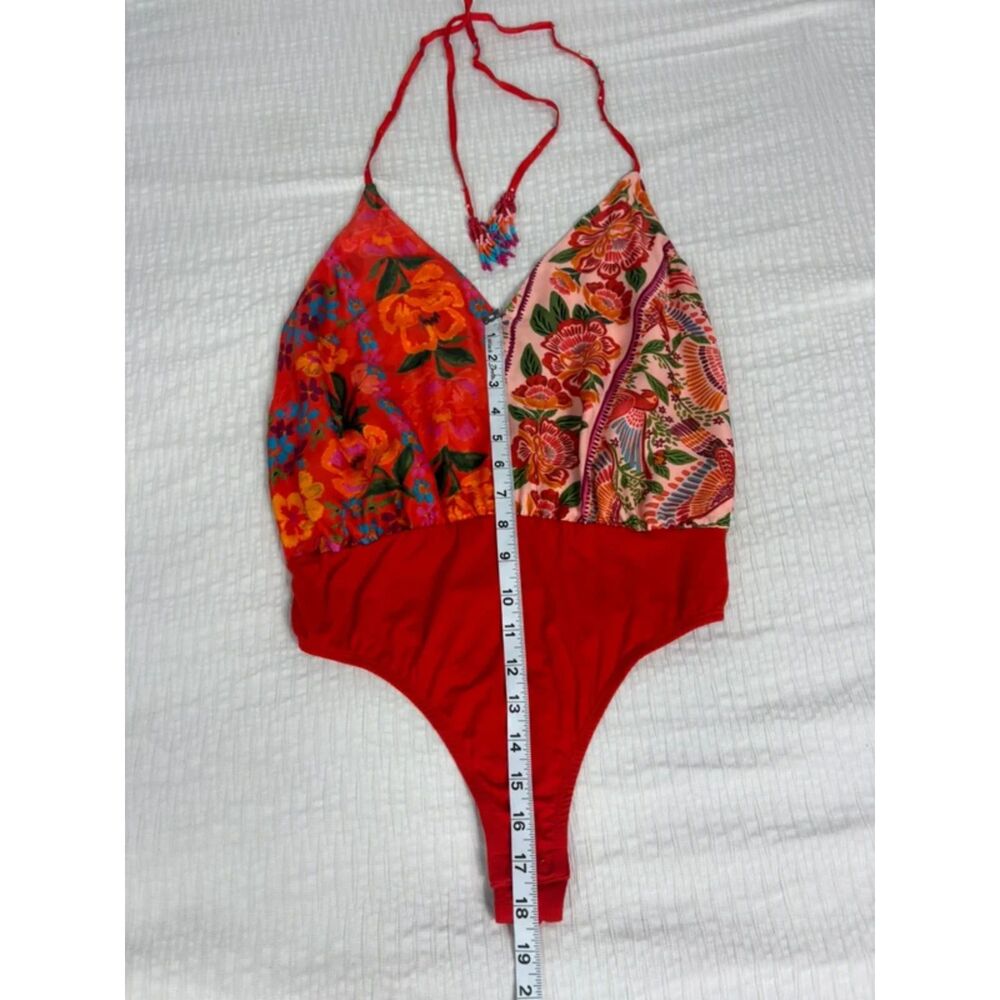 FARM Rio Floral Patchwork Bodysuit Small Red Tropical Boho Surplice Cami - Picture 11 of 14
